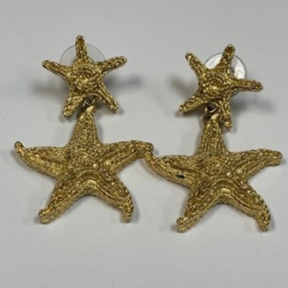 TRIFARI Gold Starfish Earrings, 1980s Signed Post w Dangles